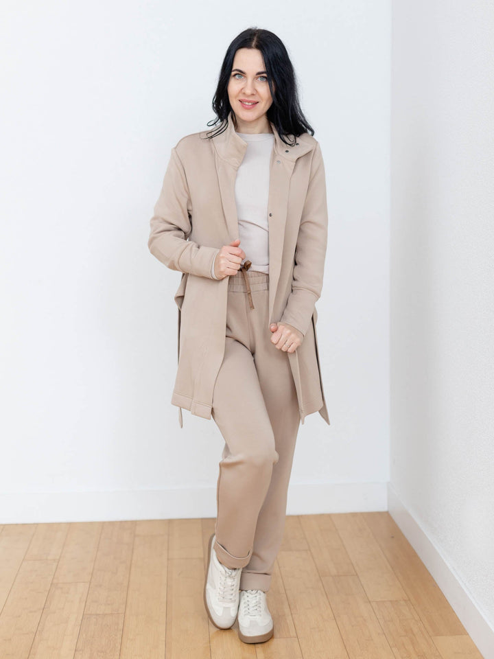 tan belted long layered jacket