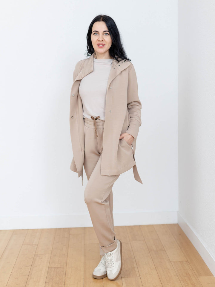 tan belted long layered jacket