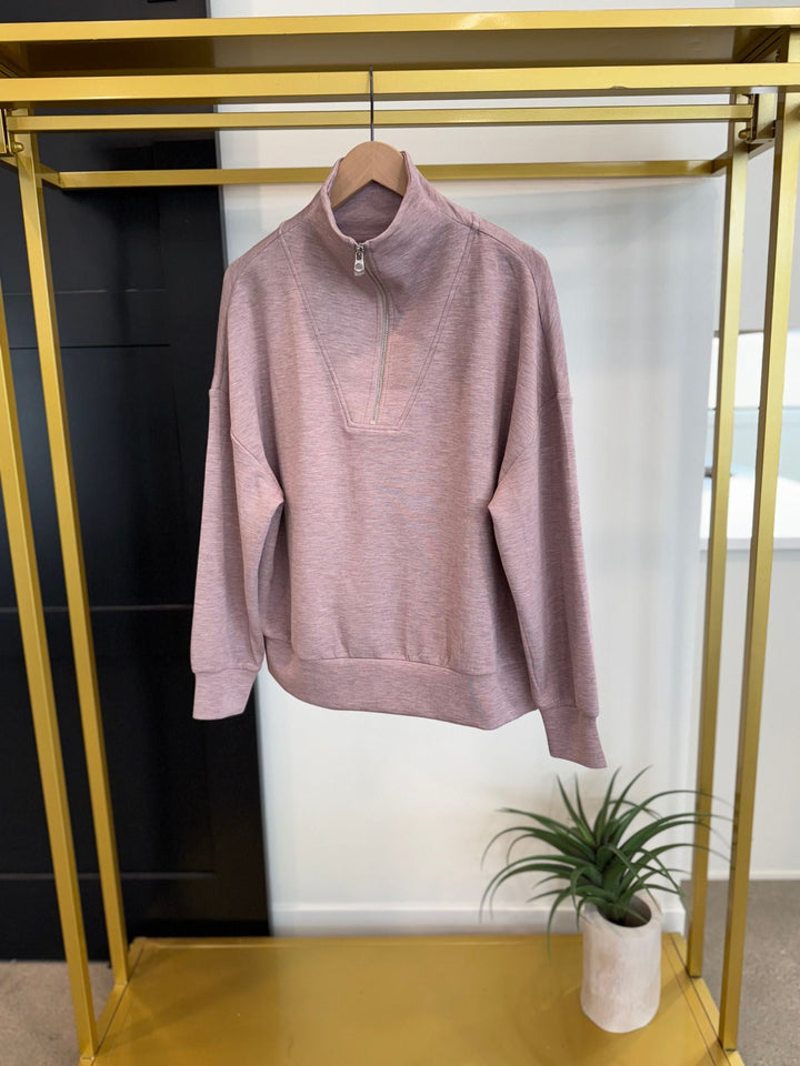 heathered mauve half zip sweatshirt