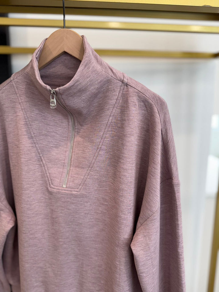 heathered mauve half zip sweatshirt