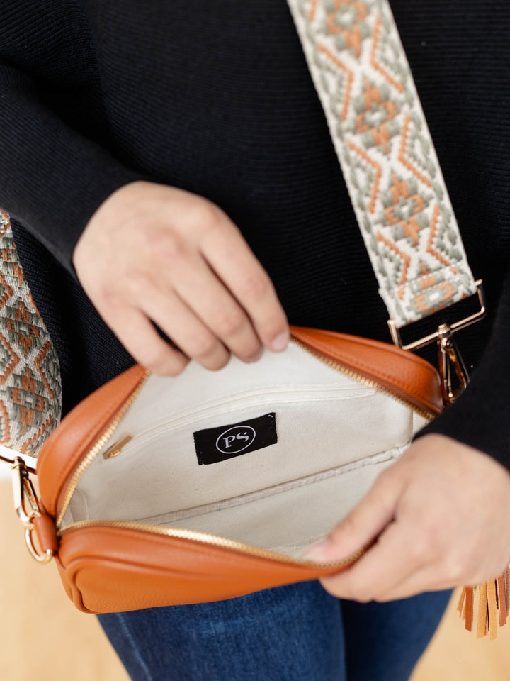 brown embroidered strap purse