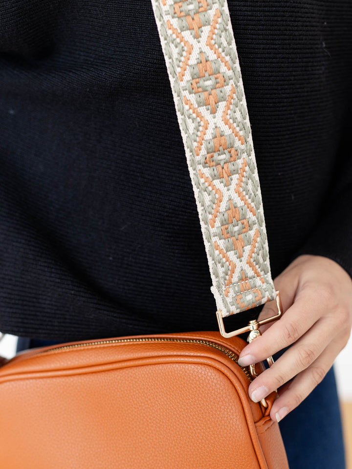 brown embroidered strap purse