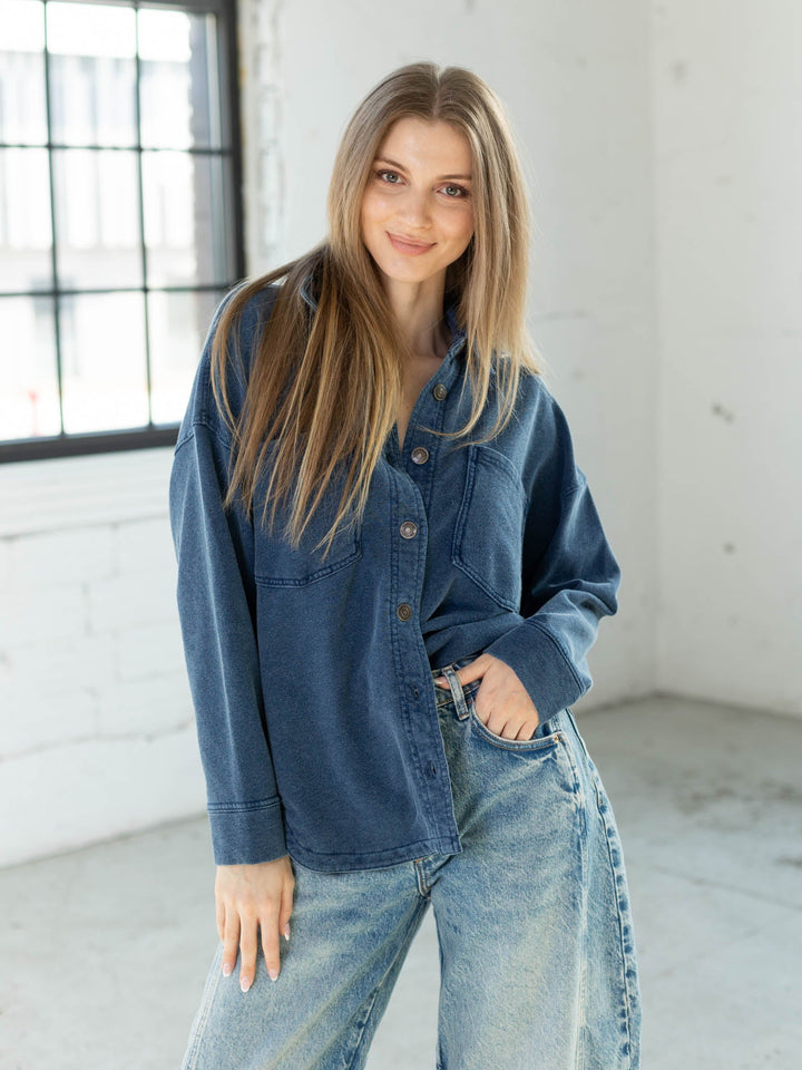 navy blue washed denim shacket