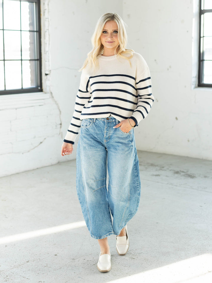 cream and navy stripe crew neck sweater