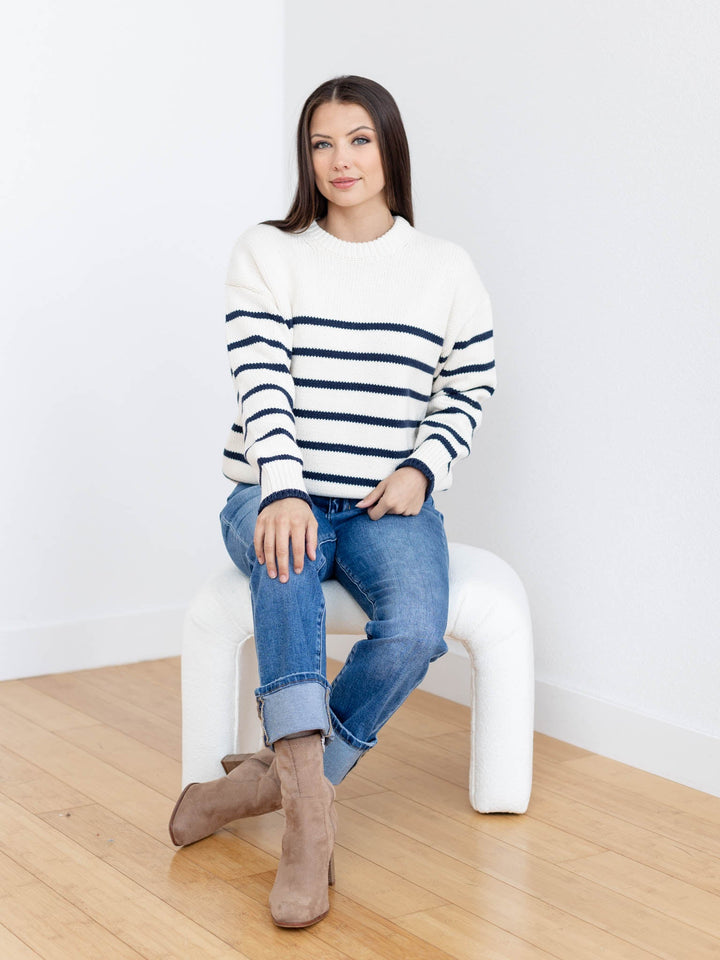 white and navy chunky stripe sweater