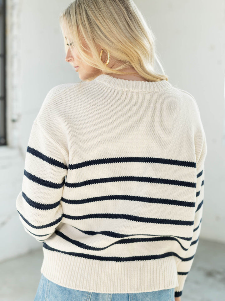 cream and navy stripe crew neck sweater